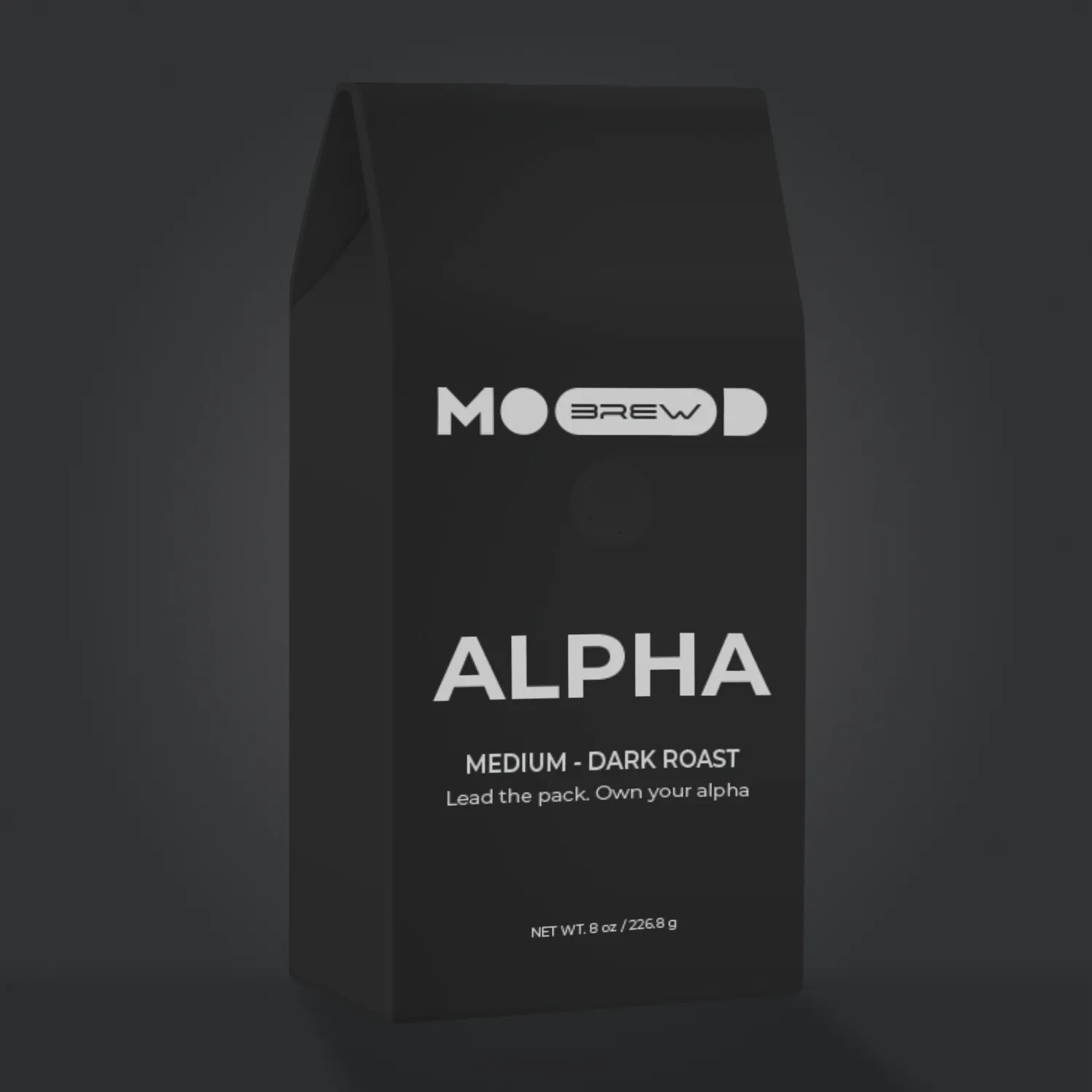 Moodbrew Alpha: Dark roasted Brazilian and Ethiopian blend in a sleek black bag.