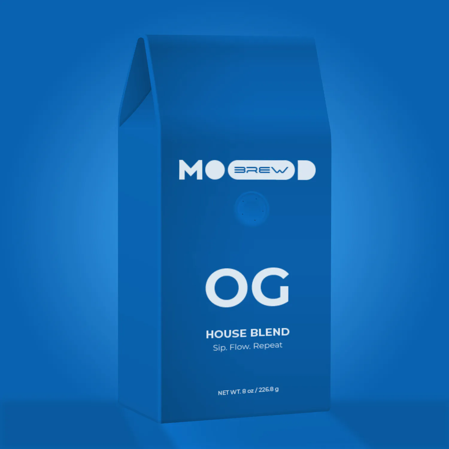 Moodbrew OG: Medium roasted Brazilian single-origin coffee in a blue bag.